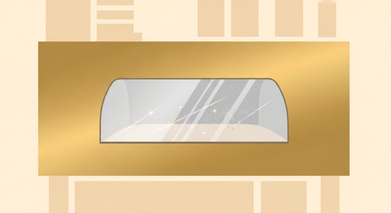 Papan tanda sebuah kedai emas di Bukit Gambir dengan susunan barang kemas berkilauan di dalam cermin pameran.