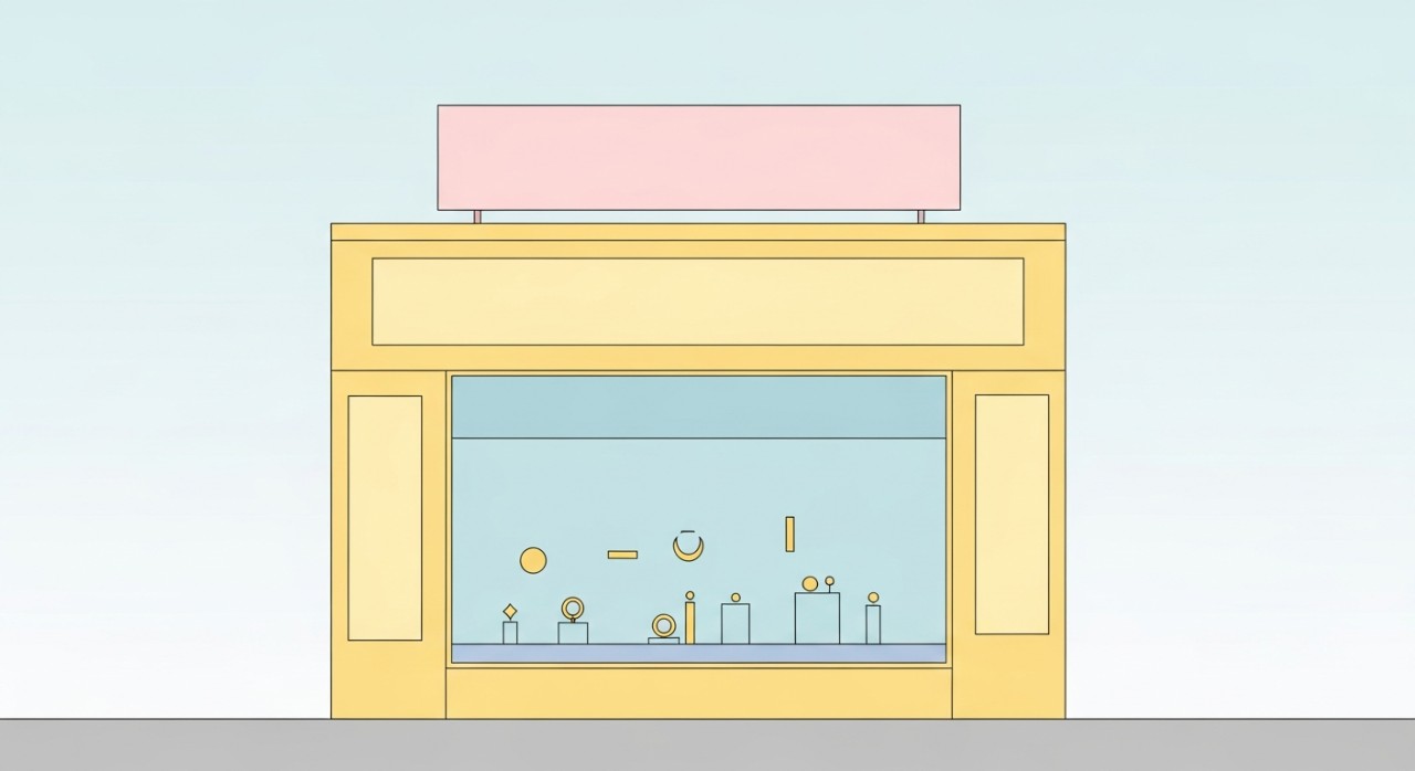 Pemandangan luar sebuah kedai emas di Butterworth dengan papan tanda dan pameran barang kemas.