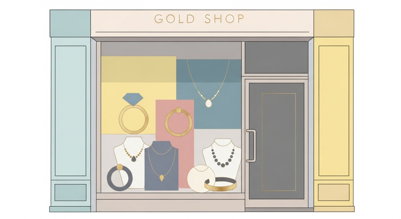 Pemandangan hadapan sebuah kedai emas di Changlun dengan paparan barang kemas di dalam tingkap pameran.