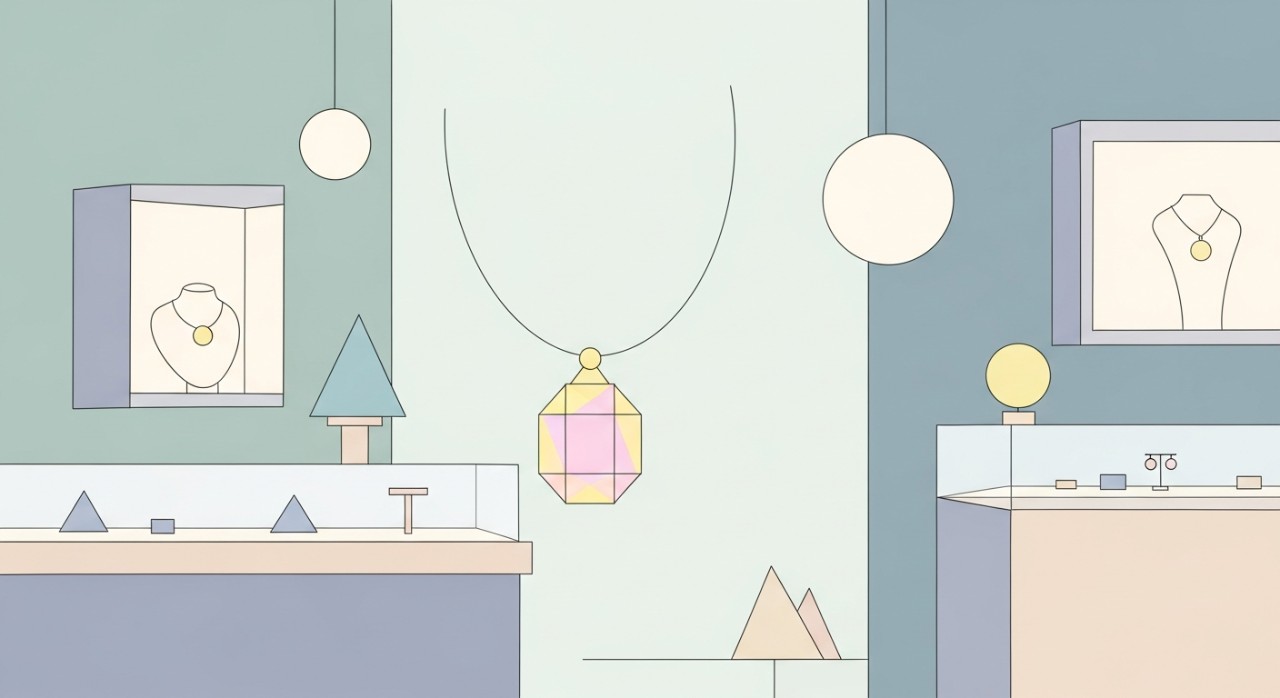 Bahagian dalam sebuah kedai emas yang mempamerkan pelbagai jenis barang kemas berkilauan.