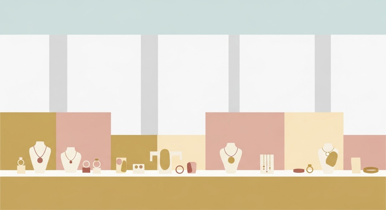 Pemandangan dalam sebuah kedai emas dengan pelbagai barang kemas dipamerkan.