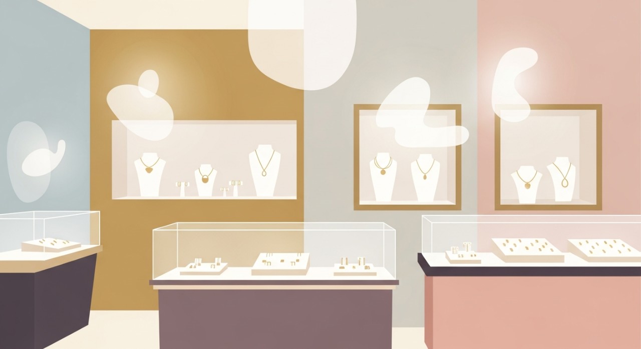 Pemandangan dalam kedai emas dengan rak pameran berisi perhiasan emas berkilau.