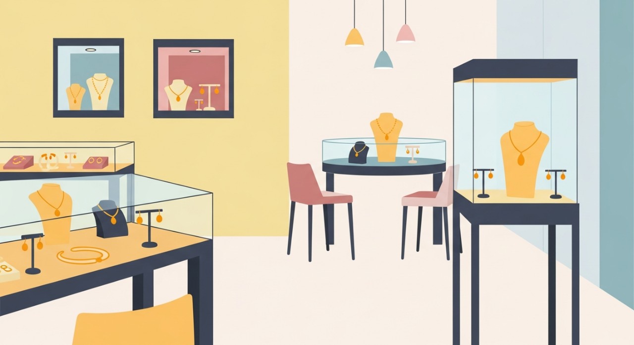 Pemandangan dalam sebuah kedai emas yang mempamerkan pelbagai jenis barang kemas.