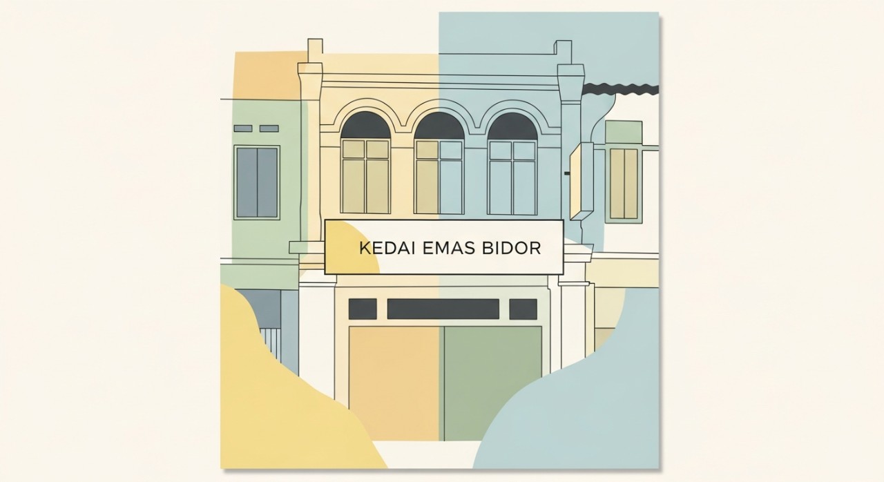 Papan tanda 'Kedai Emas Bidor' di hadapan sebuah kedai di pekan.