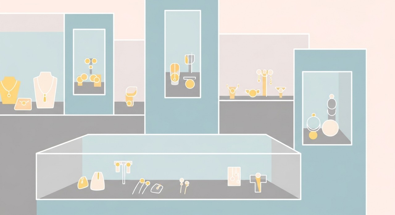 Pemandangan dalam kedai emas dengan pelbagai barang kemas dipamerkan di kaunter.