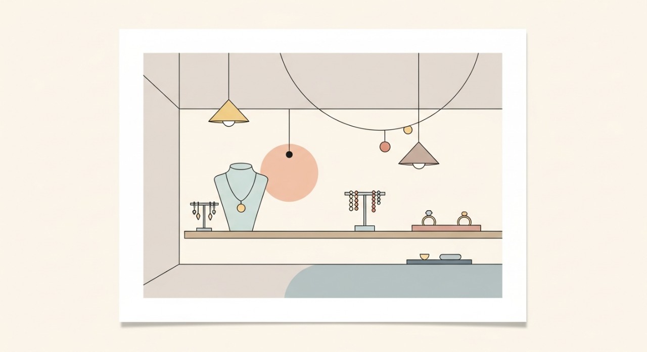 Bahagian dalam kedai emas yang mempamerkan pelbagai jenis barang kemas seperti rantai, gelang, dan cincin.