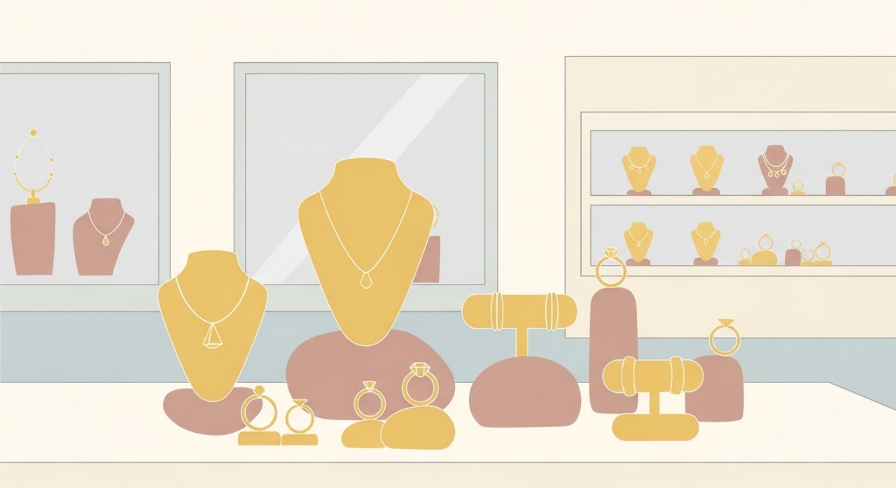 Pameran barang kemas emas di dalam kedai emas.