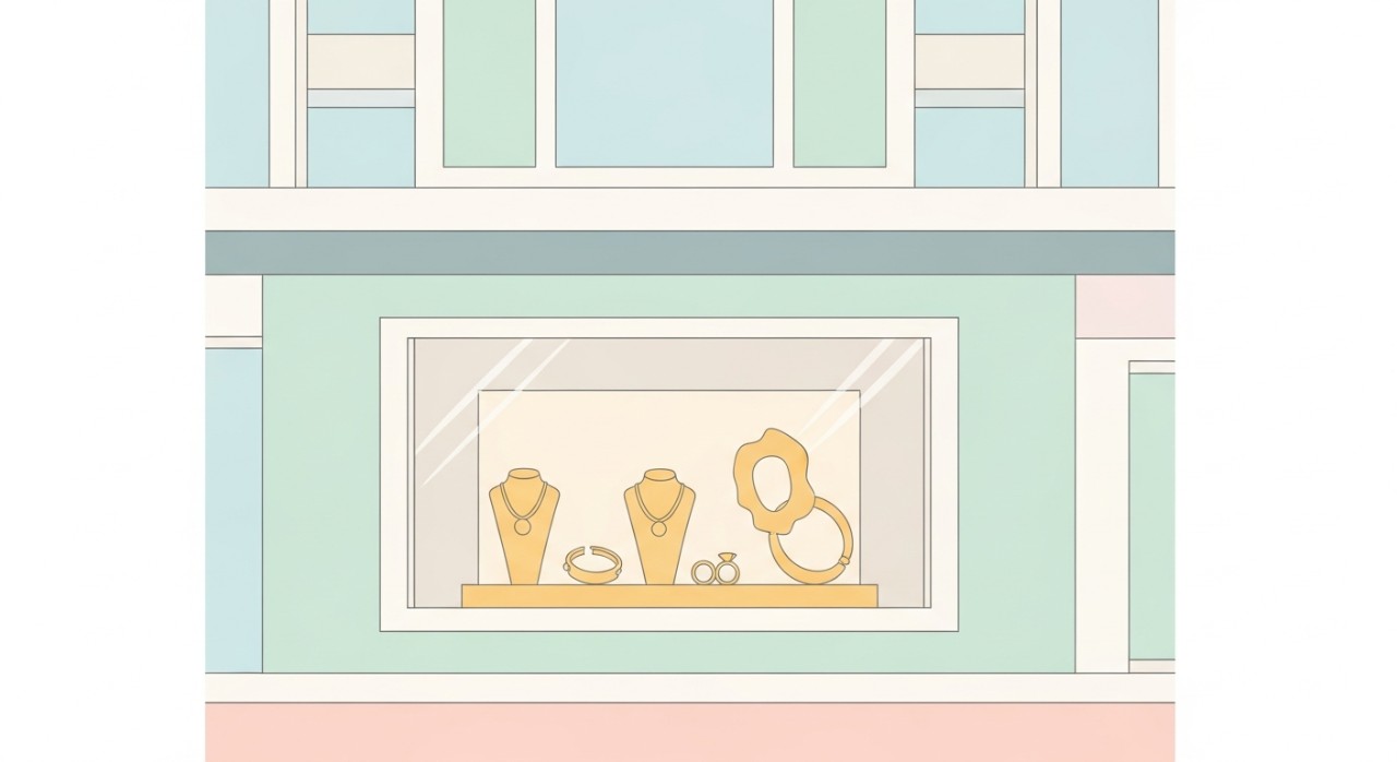 Pemandangan hadapan sebuah kedai emas di Pandan Jaya dengan pelbagai perhiasan emas dipamerkan.