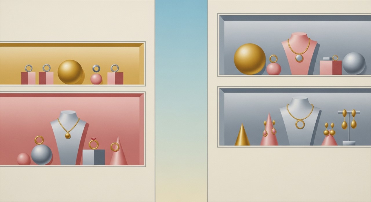 Pemandangan dalam kedai emas dengan pelbagai barang kemas dipamerkan.