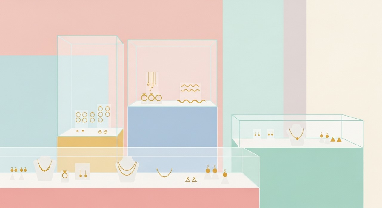 Pemandangan dalam kedai emas dengan pelbagai barang kemas dipamerkan.