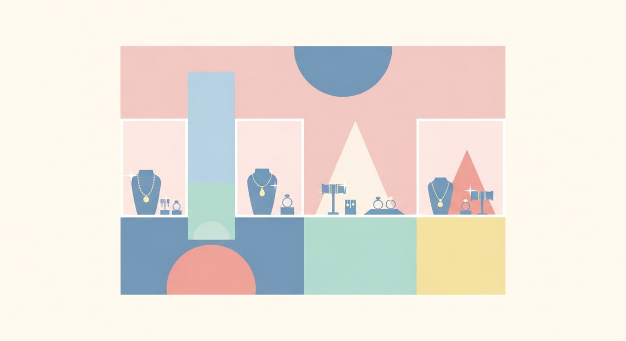 Pemandangan kedai emas dengan pelbagai barang kemas dipamerkan.