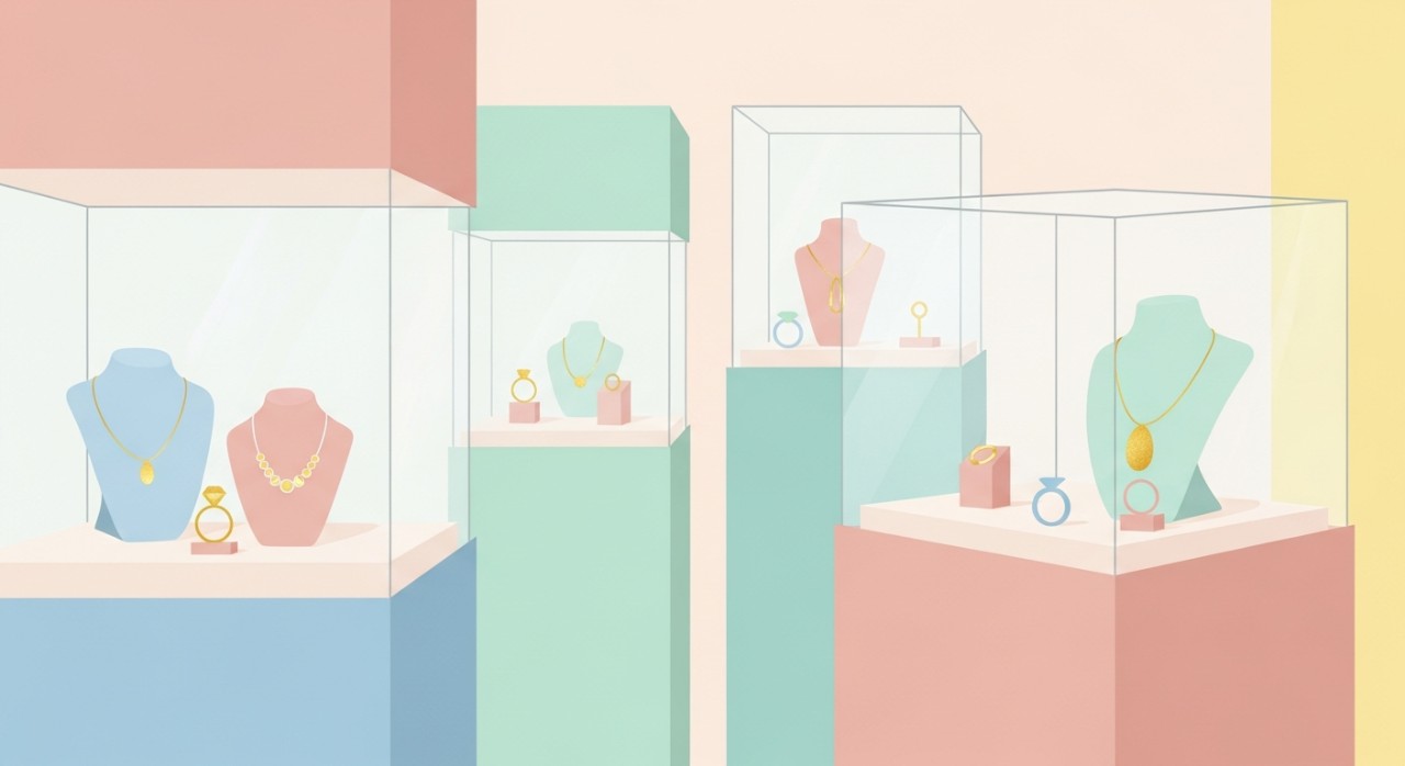 Pemandangan dalam kedai emas dengan pelbagai barang kemas dipamerkan di dalam almari kaca.