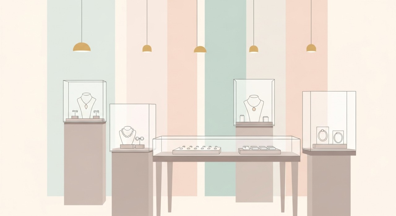 Pemandangan dalam kedai emas dengan pelbagai barang kemas dipamerkan.