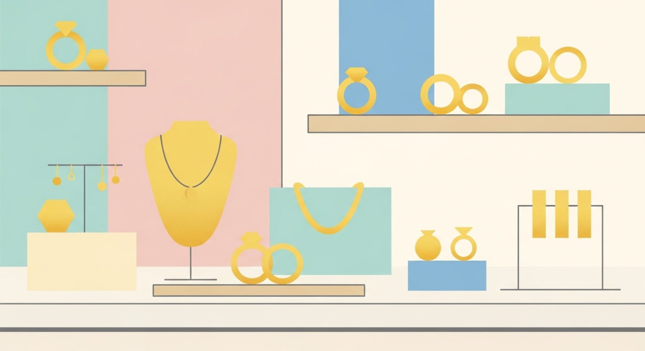 Susunan barangan kemas emas di dalam sebuah kedai.