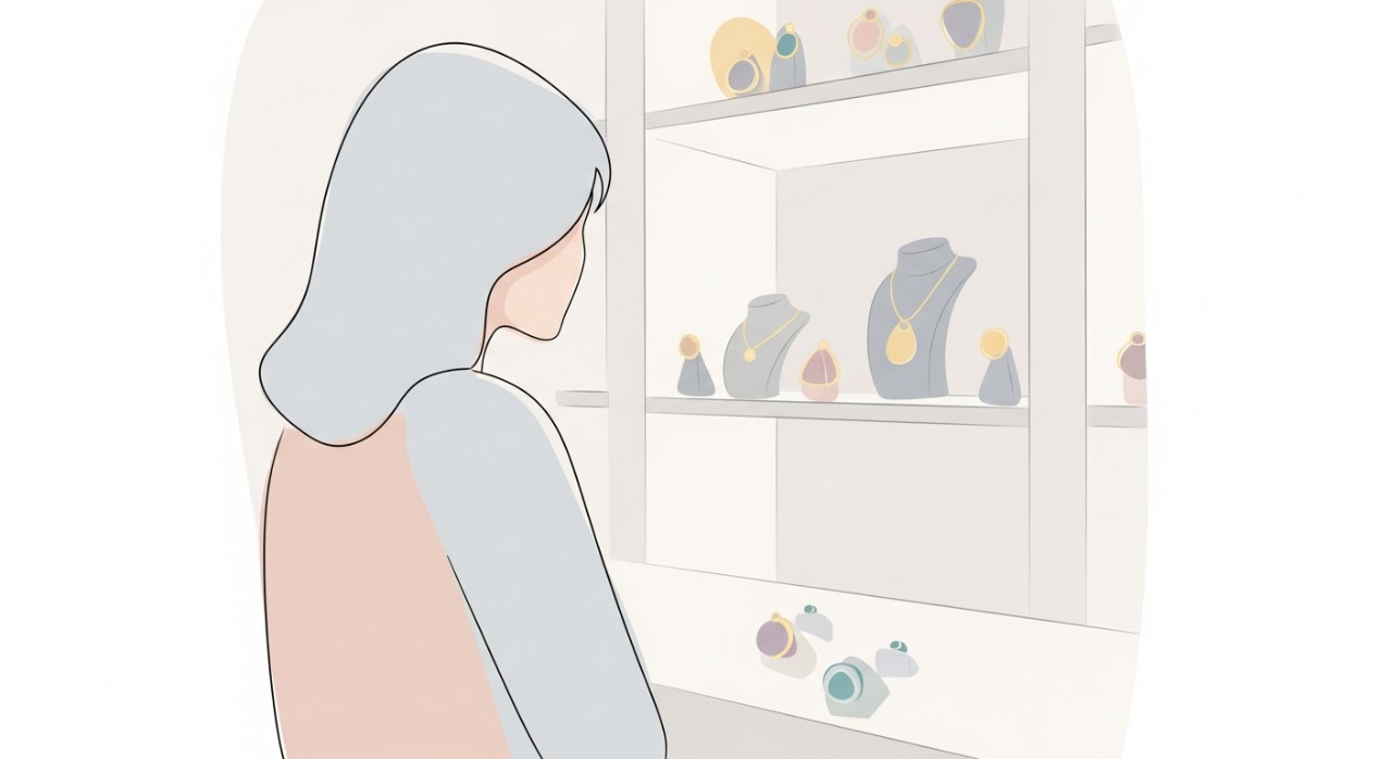 Pelanggan wanita sedang melihat dan memilih barang kemas di dalam sebuah kedai emas.