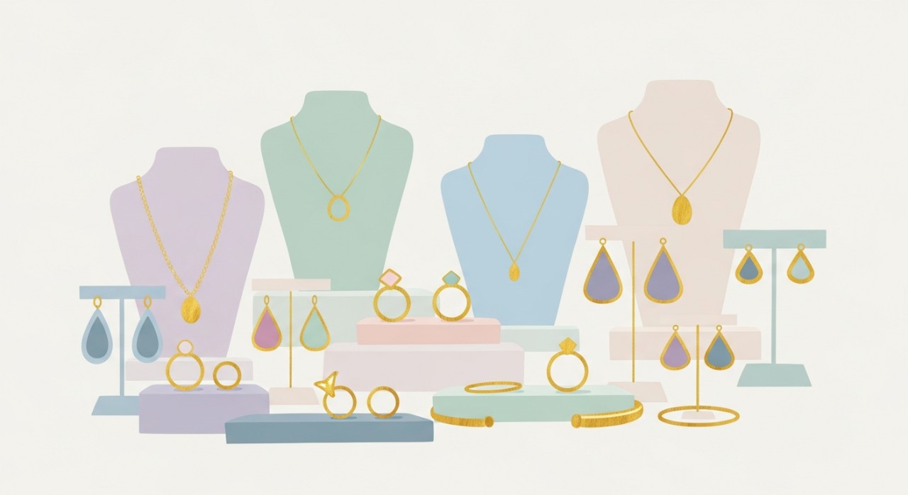 Pelbagai jenis barang kemas emas dipamerkan di kedai.