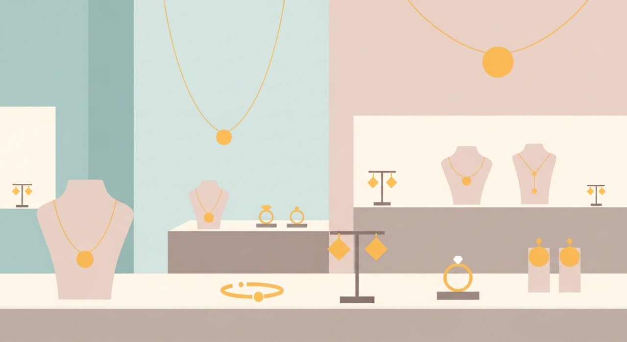 Pemandangan dalam sebuah kedai emas yang mempamerkan pelbagai jenis barang kemas.