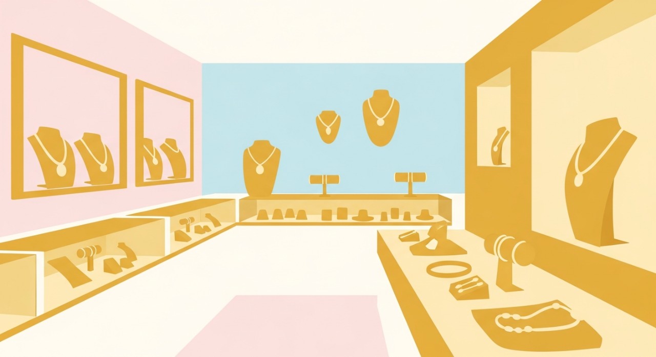 Pemandangan umum sebuah kedai emas yang mempamerkan pelbagai barang kemas.