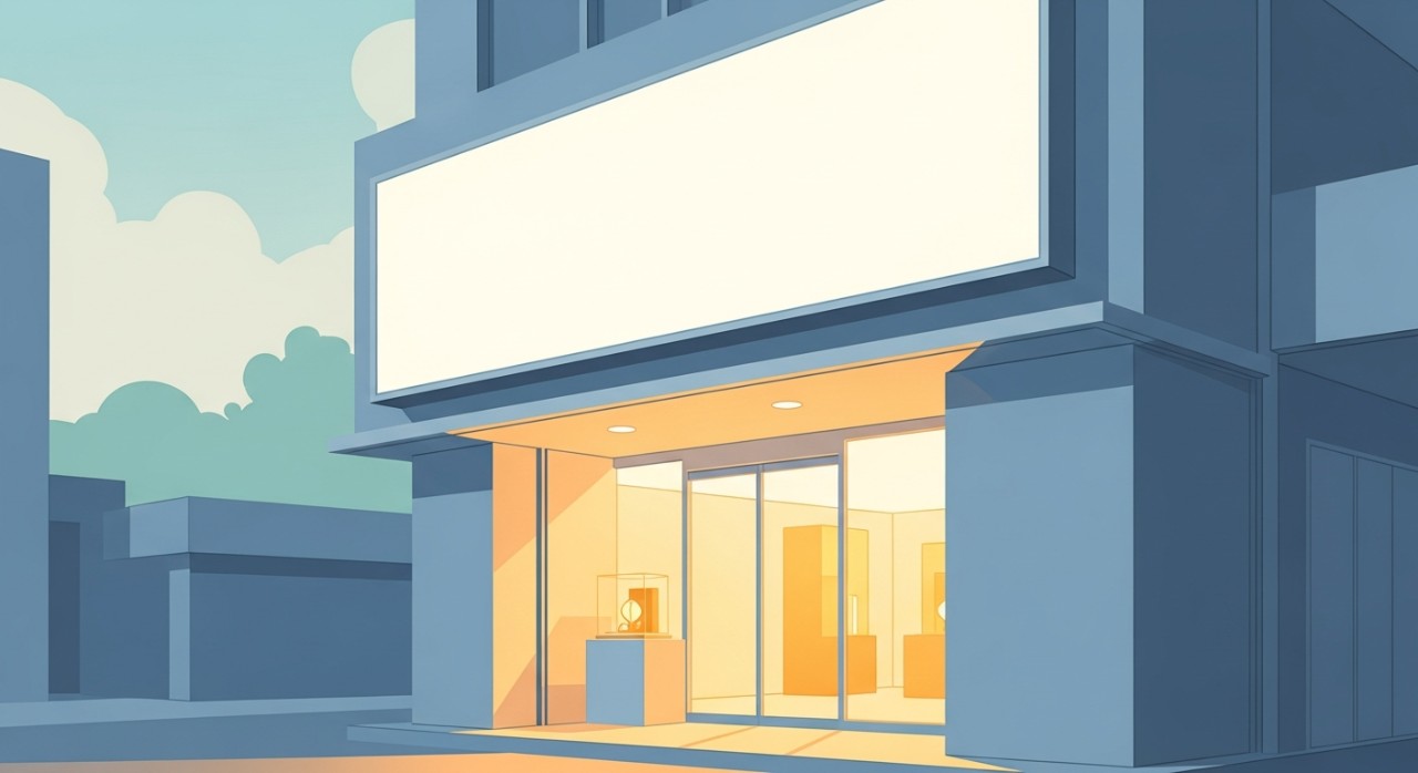 Pemandangan hadapan sebuah kedai emas yang terang benderang dengan papan tanda yang jelas.