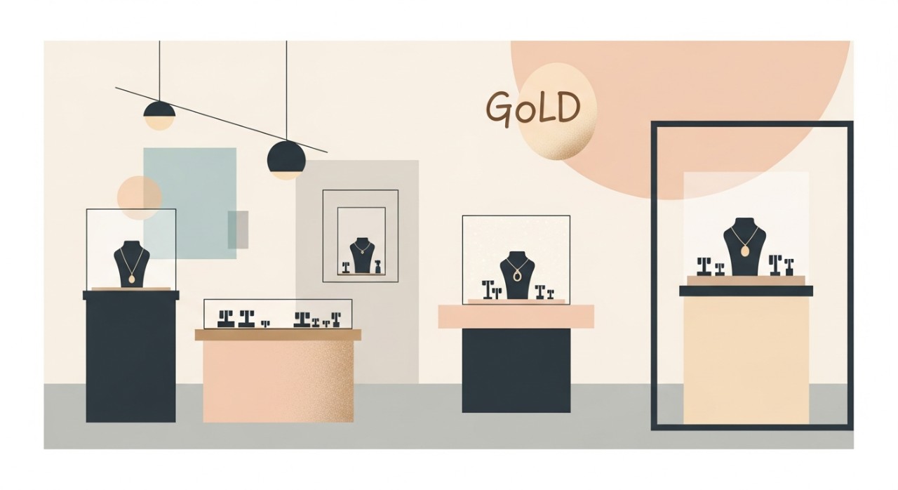 Bahagian dalam kedai emas yang moden dengan pelbagai barang kemas dipamerkan.