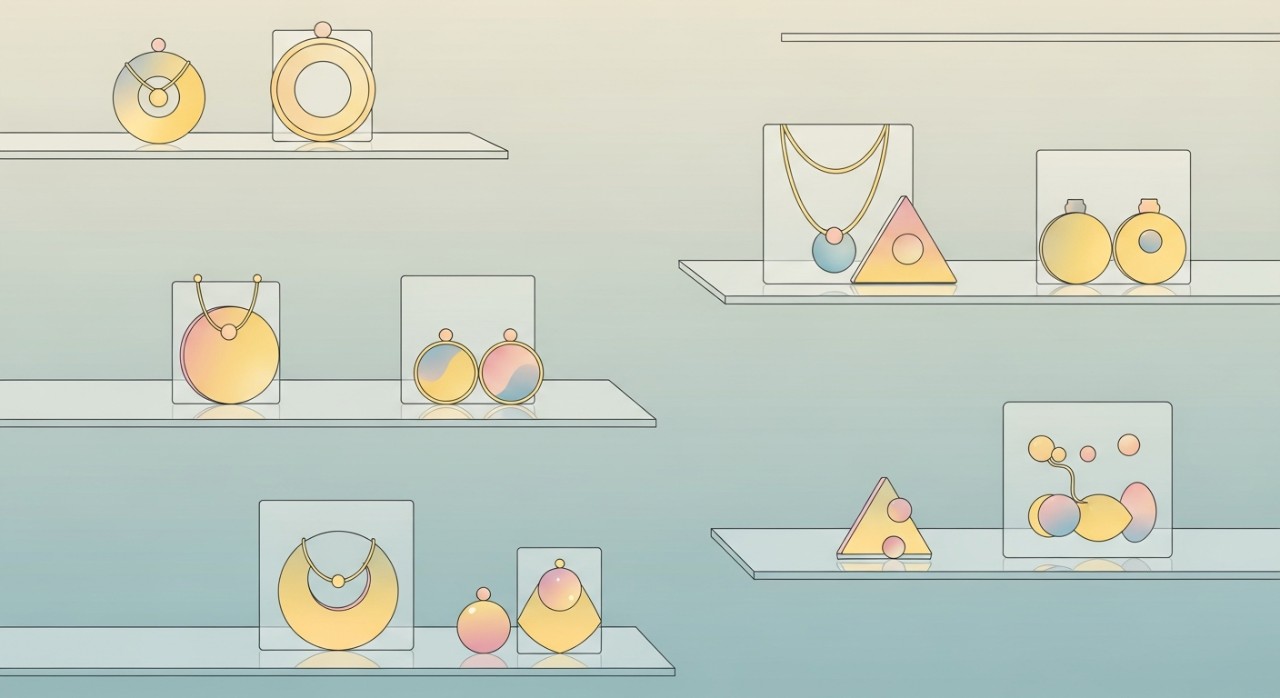 Rak-rak kaca memaparkan pelbagai jenis barang kemas emas di dalam kedai.