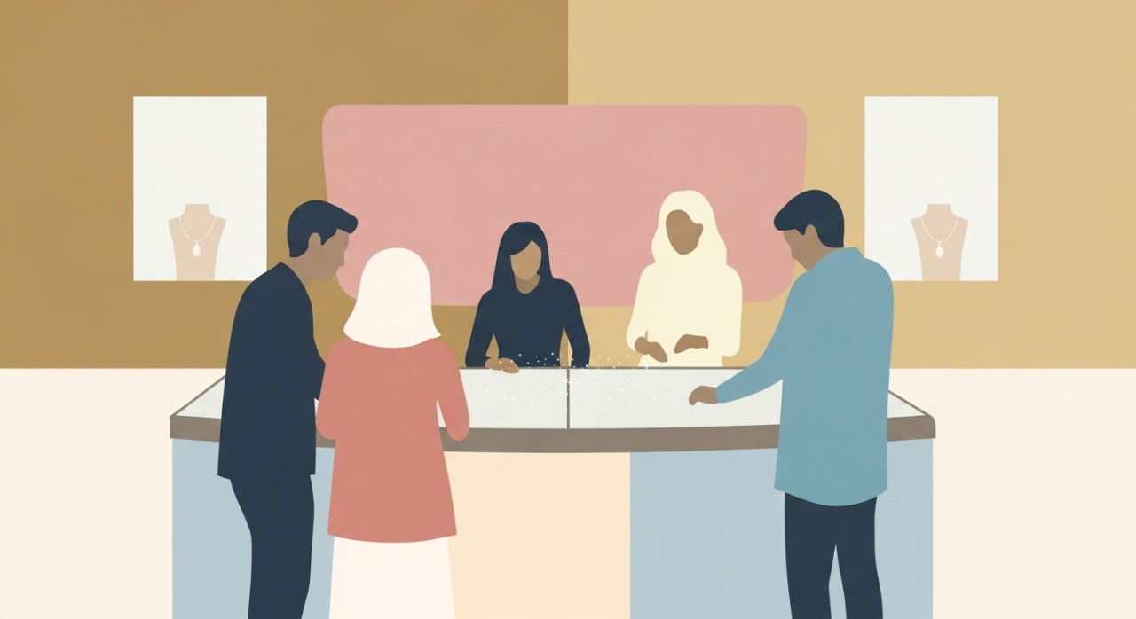 Pelanggan sedang melihat-lihat barang kemas di dalam kedai emas.