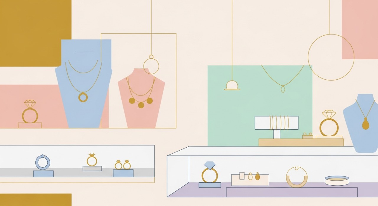 Pemandangan dalam sebuah kedai emas yang mempamerkan pelbagai jenis barang kemas.