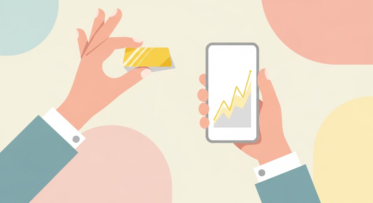 Seseorang sedang memegang jongkong emas kecil di hadapan skrin telefon pintar yang memaparkan grafik harga emas.