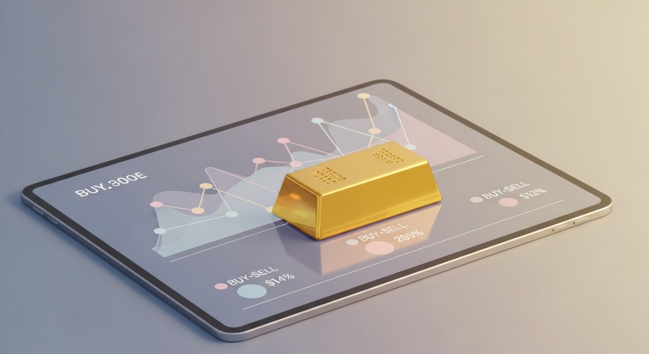 Paparan harga emas semasa yang menunjukkan jurang antara harga belian dan harga jualan pada skrin digital.