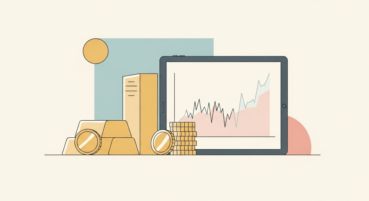 Beberapa jongkong emas diletakkan bersebelahan skrin tablet yang menunjukkan graf harga pasaran semasa