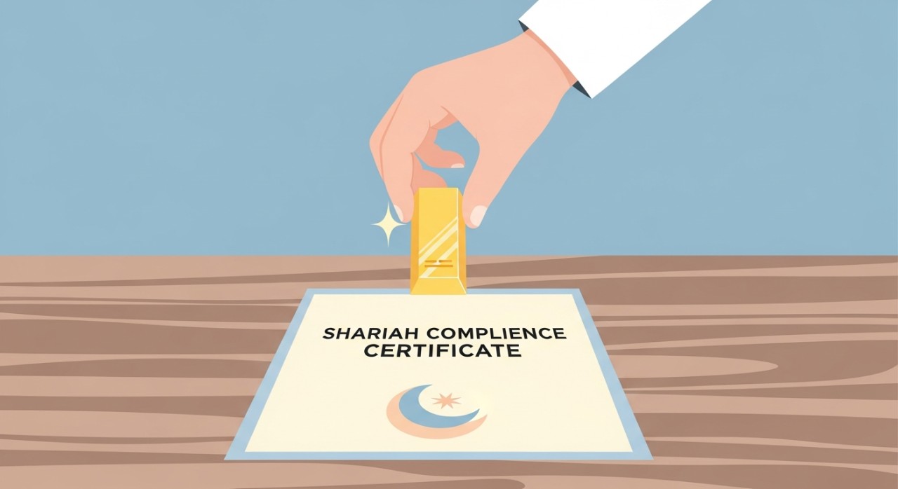 Seseorang sedang memegang jongkong emas kecil di atas dokumen pengesahan syariah.