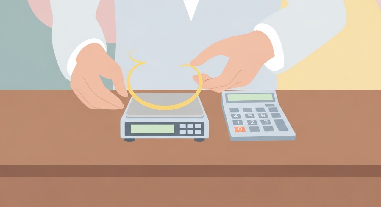 Tangan seorang tukang emas sedang menimbang seutas rantai emas 916 di atas mesin penimbang digital.