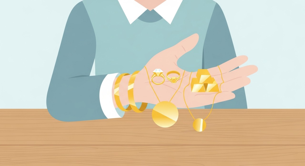 Seseorang sedang memegang pelbagai jenis barang kemas emas di atas meja kayu