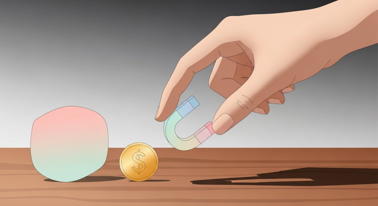 Seseorang sedang mendekatkan magnet pada sekeping syiling emas di atas meja kayu.