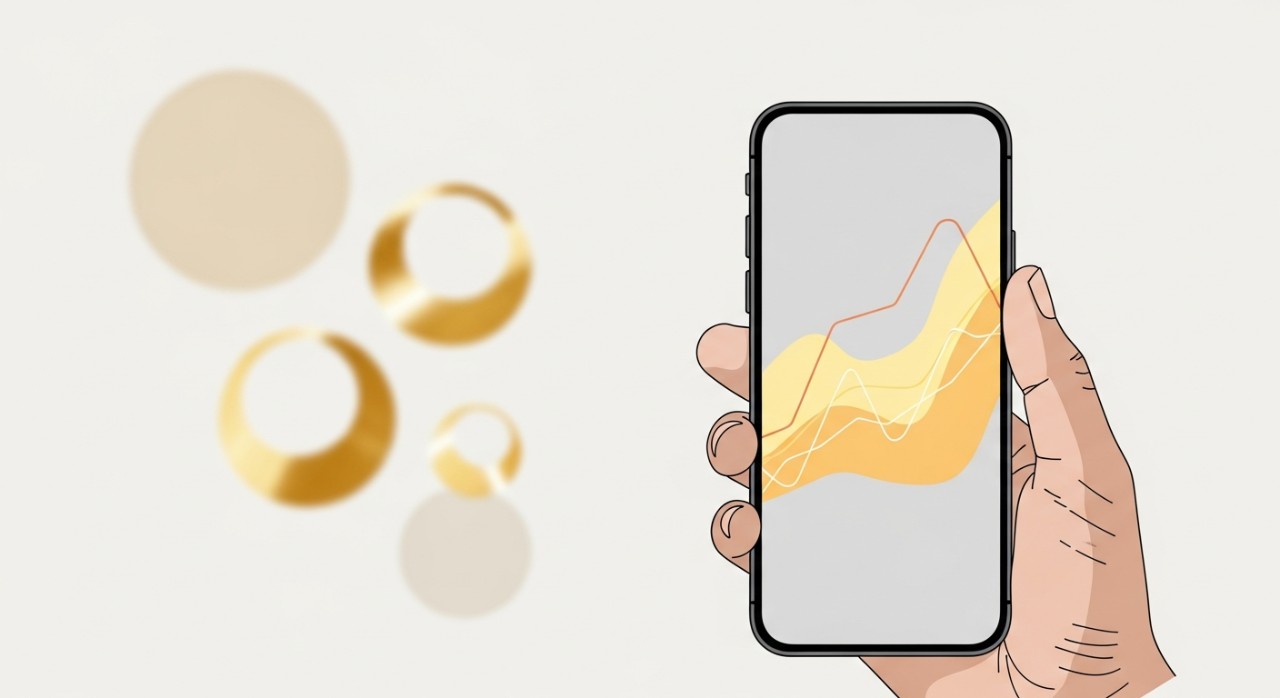 Tangan sedang memegang telefon pintar yang memaparkan graf kenaikan harga emas semasa