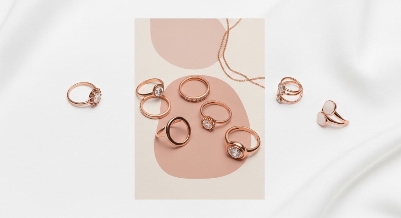 Koleksi cincin dan aksesori wanita yang diperbuat daripada campuran logam emas merah jambu.