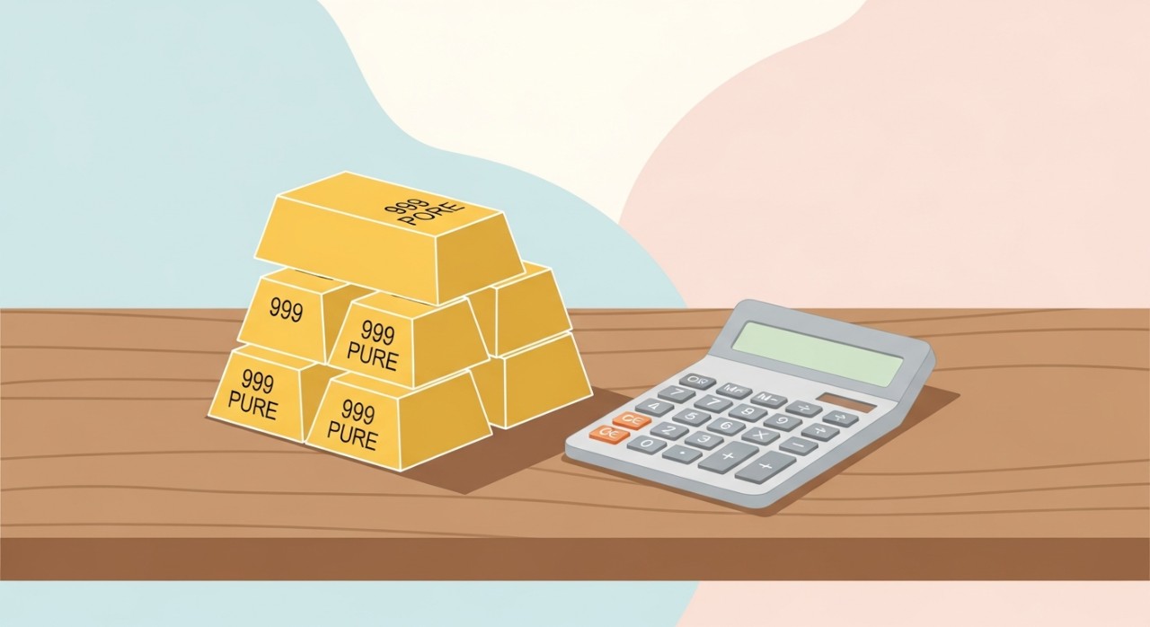 Jongkong emas tulen dengan ukiran sembilan sembilan sembilan di atas meja kayu.