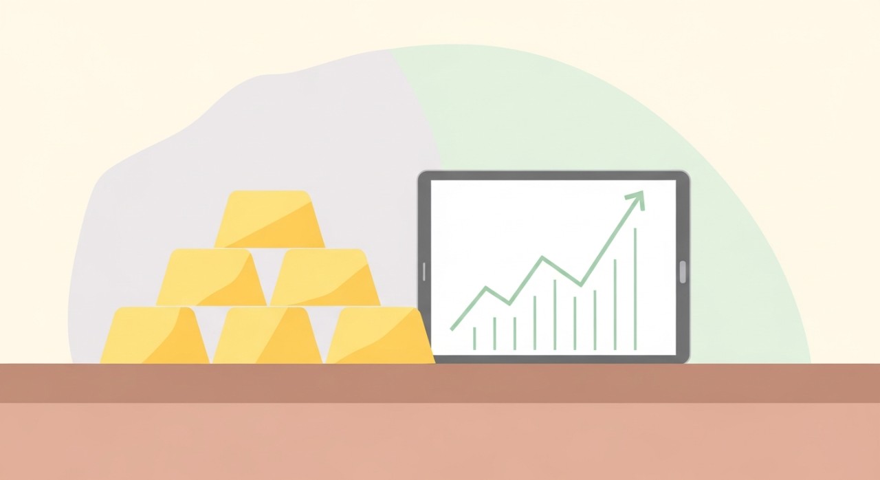 Jongkong emas disusun rapi di sebelah tablet yang menunjukkan carta graf kewangan yang meningkat