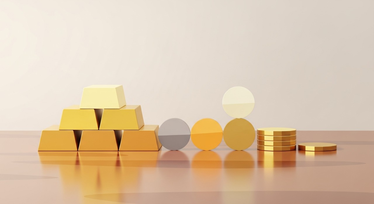 Beberapa keping jongkong emas dan syiling emas di atas meja kayu