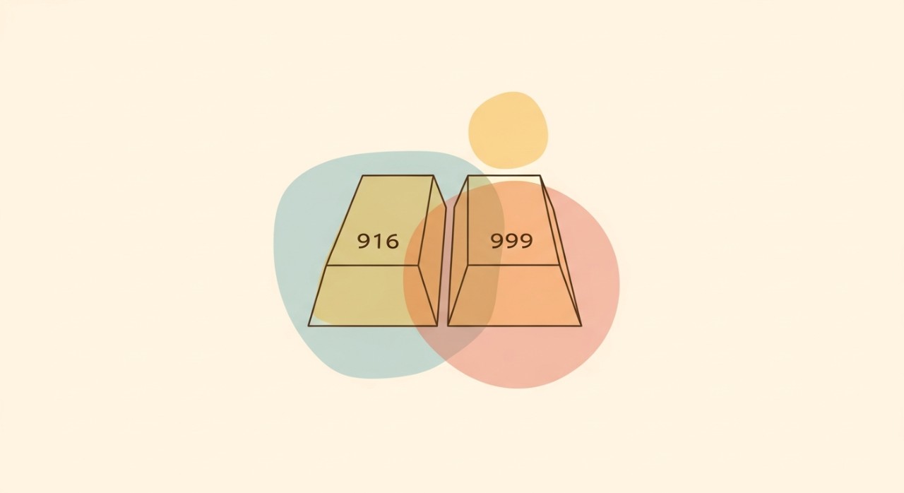 Dua keping emas yang mempunyai cop ketulenan 916 dan 999 diletakkan secara bersebelahan.