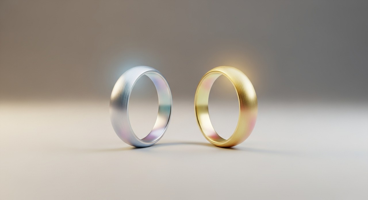 Dua bentuk cincin yang diperbuat daripada emas putih dan emas kuning diletakkan bersebelahan di atas permukaan rata.