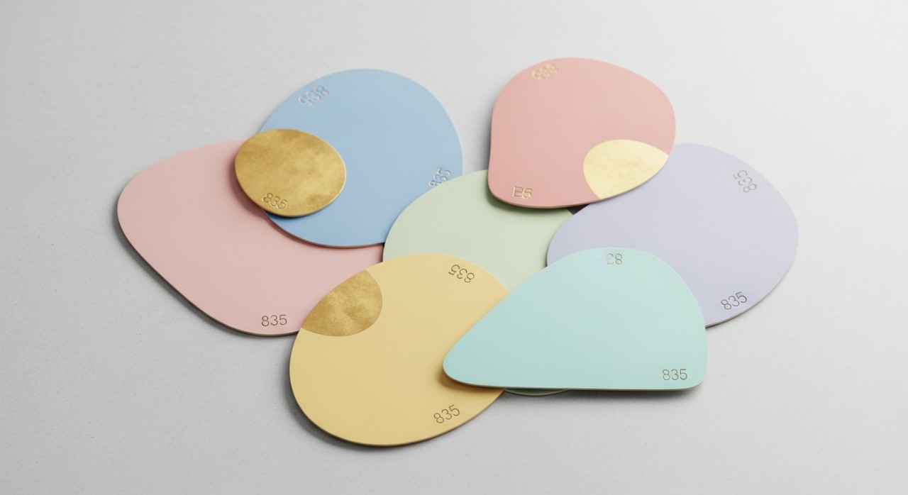 Beberapa keping barangan kemas emas yang mempunyai cop ketulenan lapan tiga lima di atas meja.