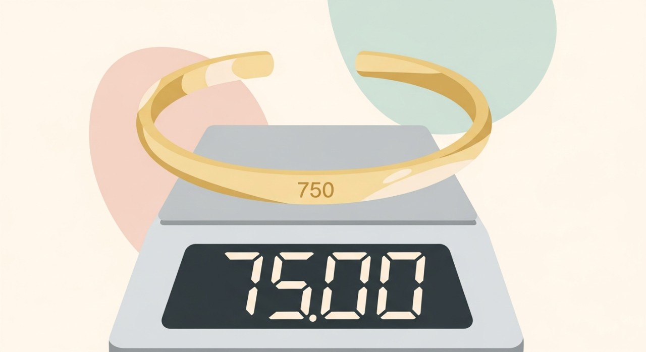 Gelang emas dengan cop 750 diletakkan di atas penimbang digital