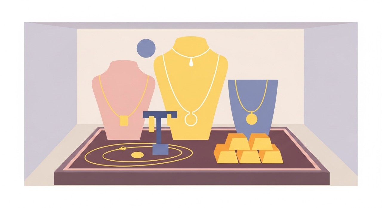 Koleksi rantai emas dan jongkong emas yang disusun kemas di dalam kotak pameran kedai barang kemas.