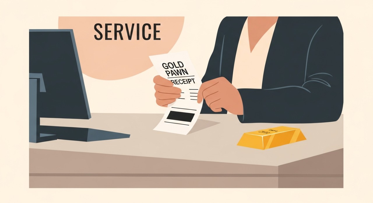 Seorang pelanggan sedang menyemak tarikh pada surat pajakan emas di kaunter perkhidmatan.