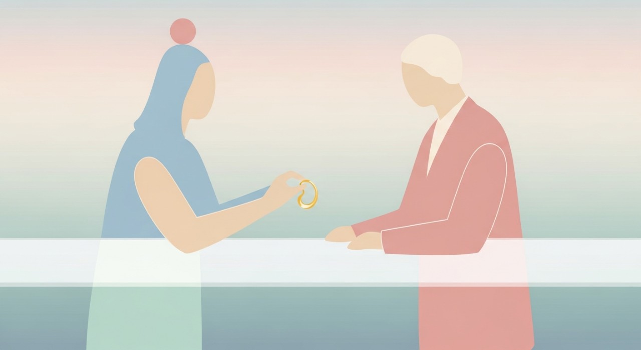 Seorang pelanggan sedang menunjukkan barang kemas emas kepada peniaga di kaunter kedai.