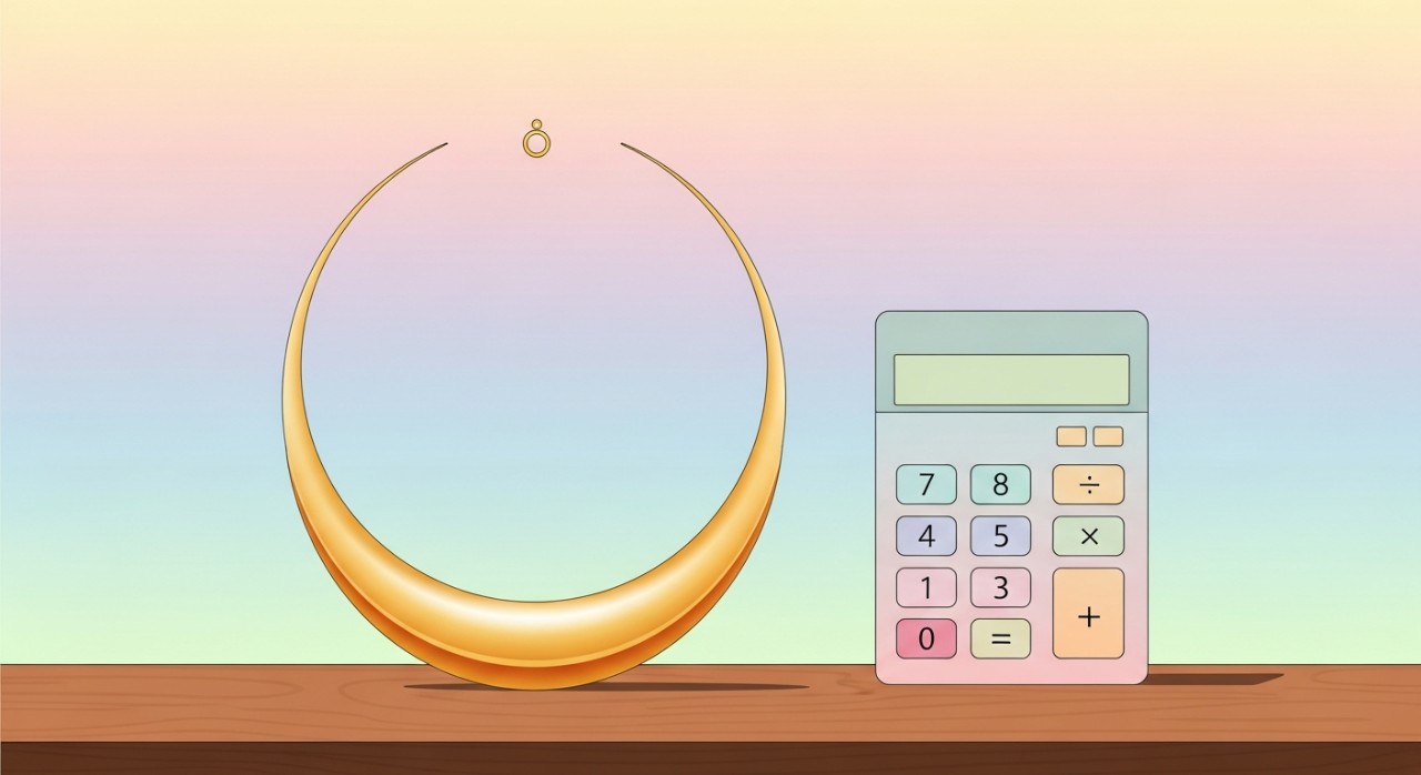 Kalkulator dan rantai leher emas sembilan satu enam di atas meja kayu.