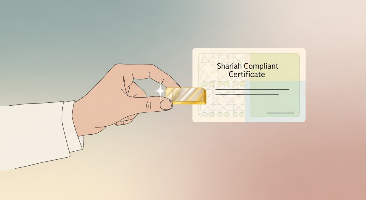 Seseorang sedang memegang jongkong emas kecil bersama sijil pengesahan patuh syariah.