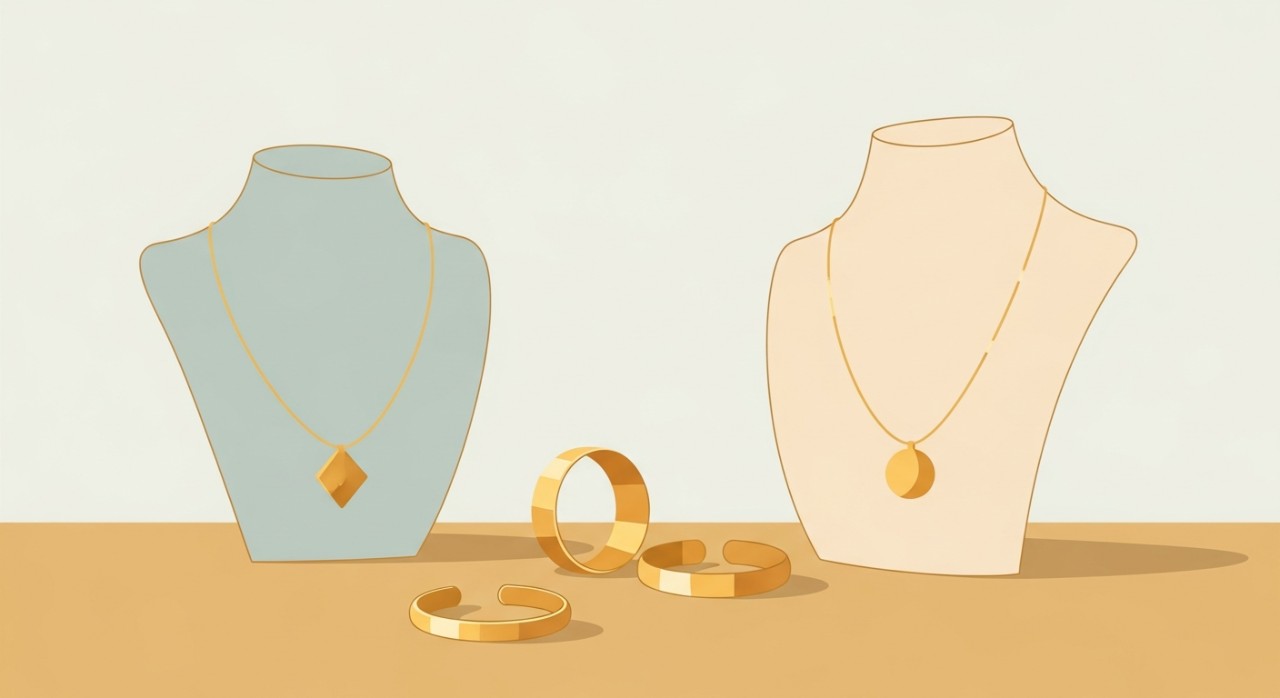 Beberapa utas rantai dan gelang emas 835 yang diletakkan di atas meja.