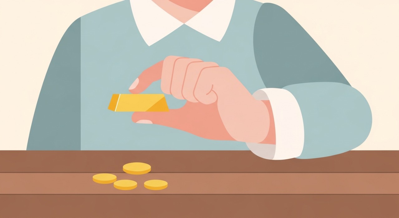 Tangan seseorang sedang memegang seeping jongkong emas kecil di atas meja kayu.